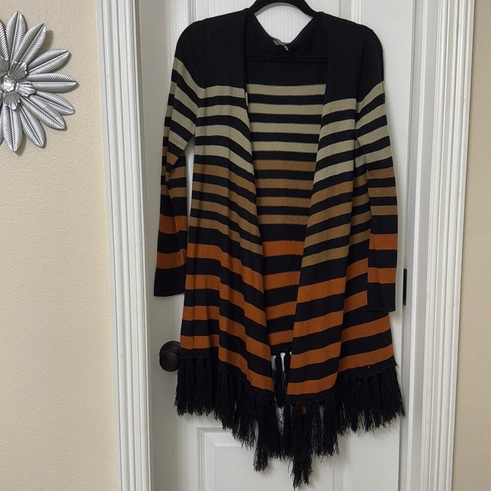 Metric striped fringe long cardigan size M